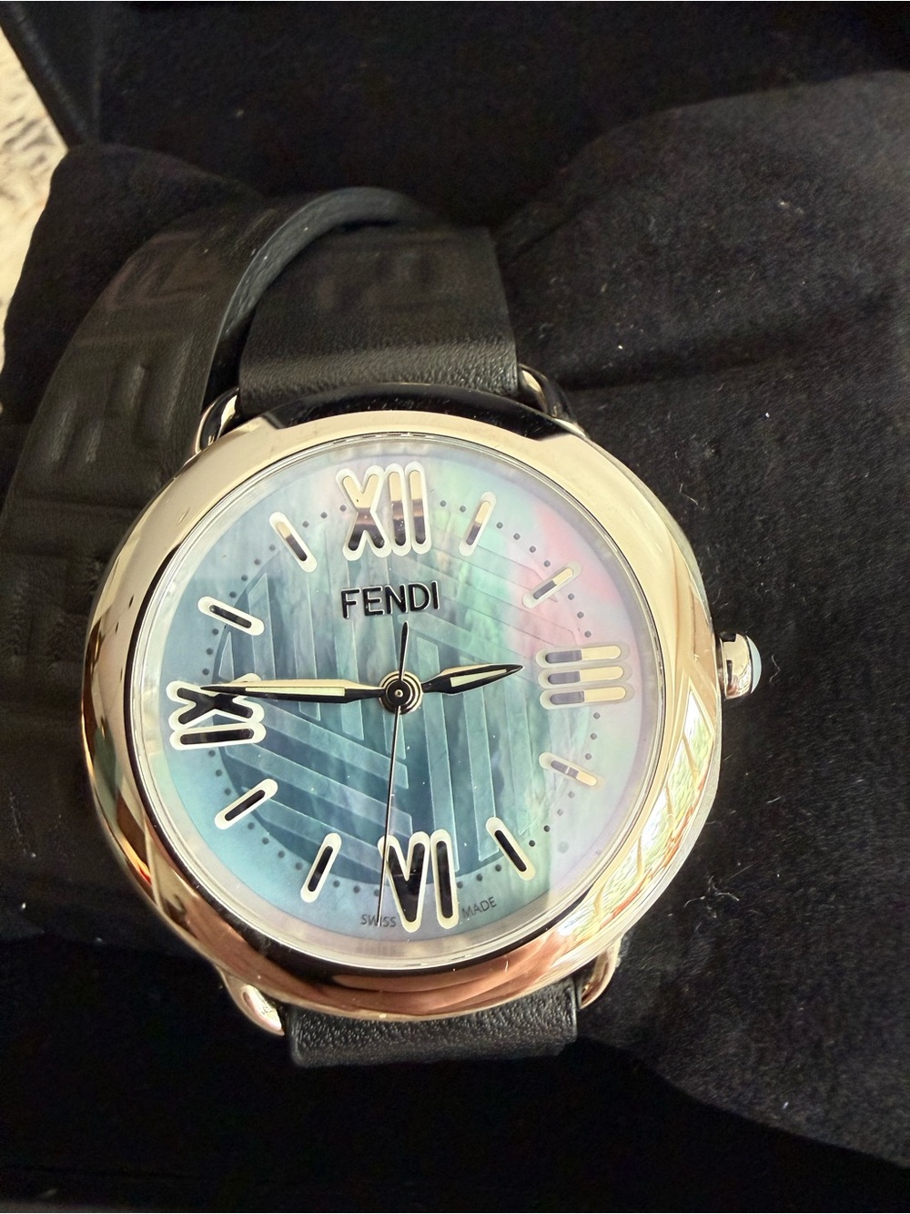 Fendi Double Black Leather Watch Strap with Iridescent Blue-Green Dial